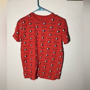 Champion Short Sleeve Tee. Red Tee With All Over Black Champion Logo Print Sz XL